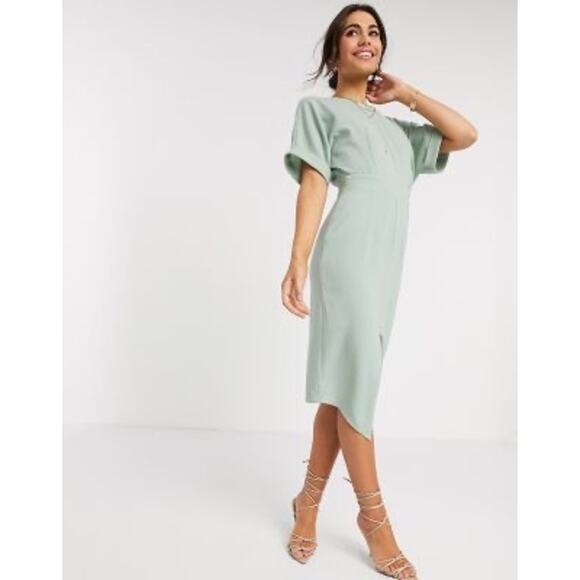 NWT ASOS Wiggle Midi Dress Size 8 Petite Sage Green Split Front Business Casual - Picture 2 of 10